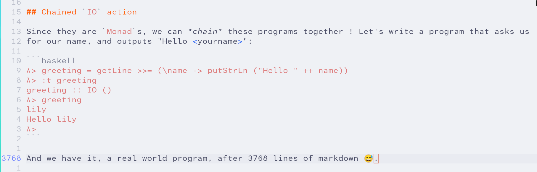 Screenshot of my editor as I write the line above